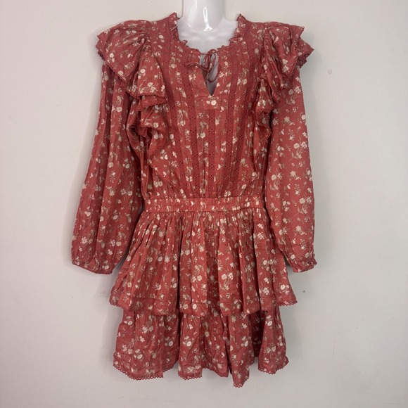 AE77 Floral‎ Mini Dress Ruffle Trim Long Sleeve Tie Neck XS - Picture 1 of 12